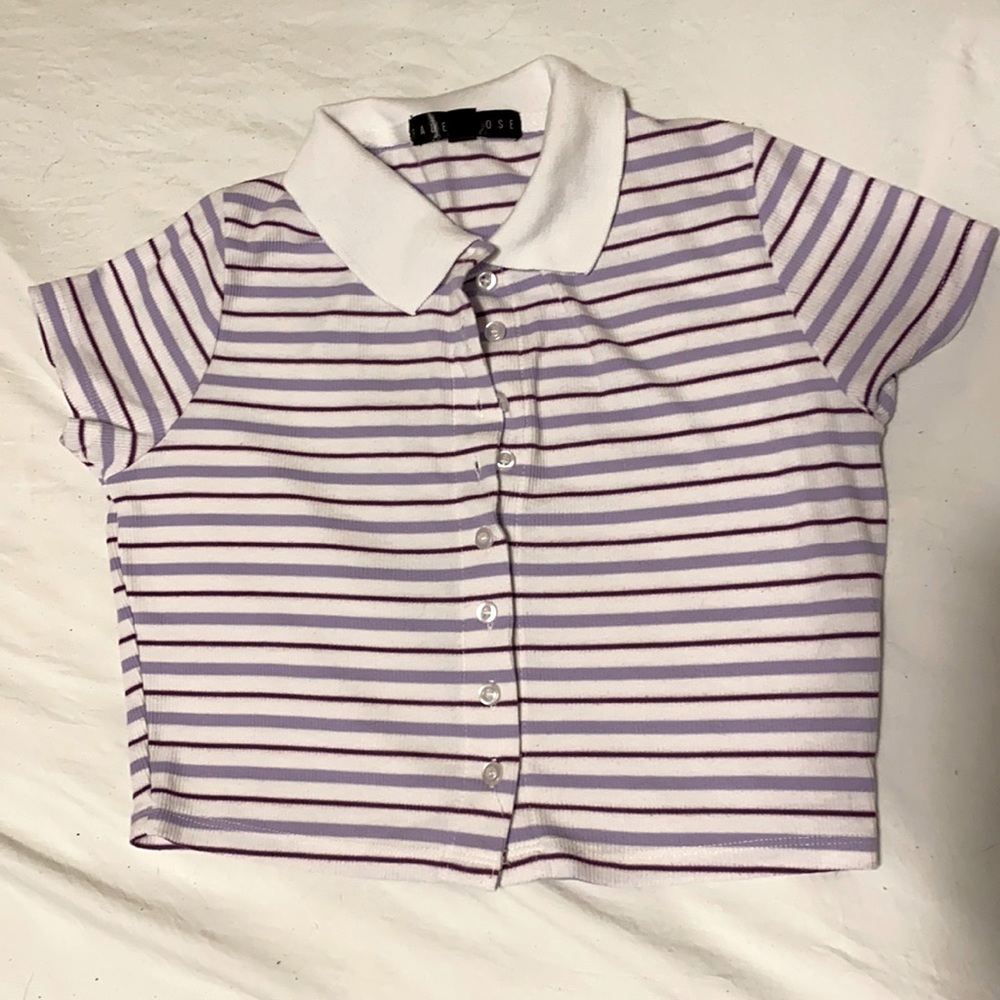 White, purple, lavender striped crop top with white collar.